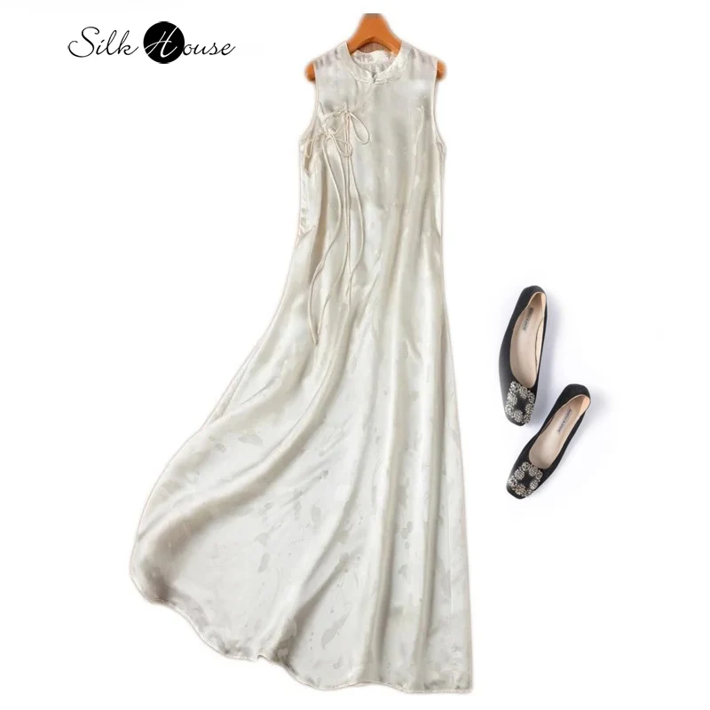 

New Chinese Style White Moonlight 100% Natural Mulberry Silk Jacquard Satin Elongated White Temperament Vest Button Up Dress