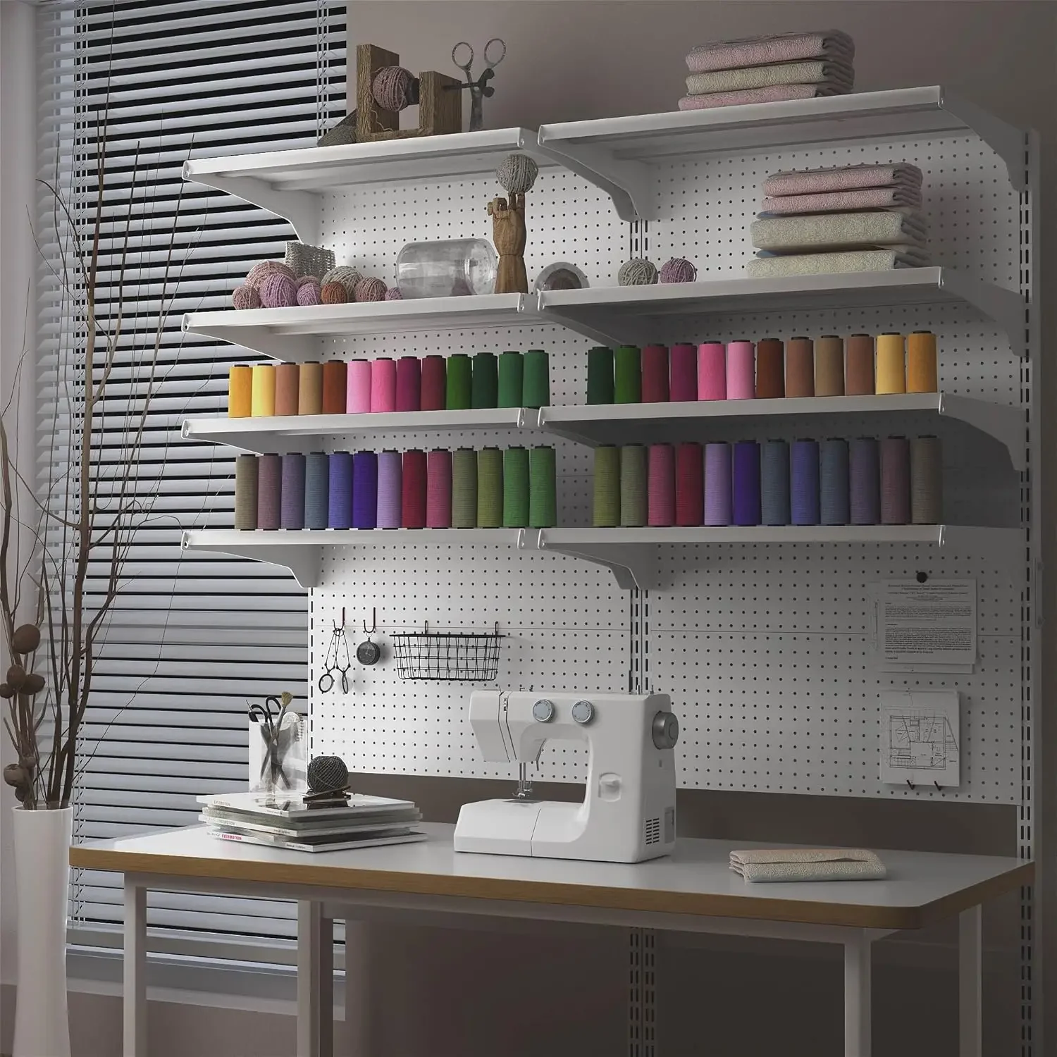 

Standing Pegboard Shelf Unit, 30'' White Home Office shlef cabinets with Metal Pegboard and 15 Pieces Organizer Tool Holders