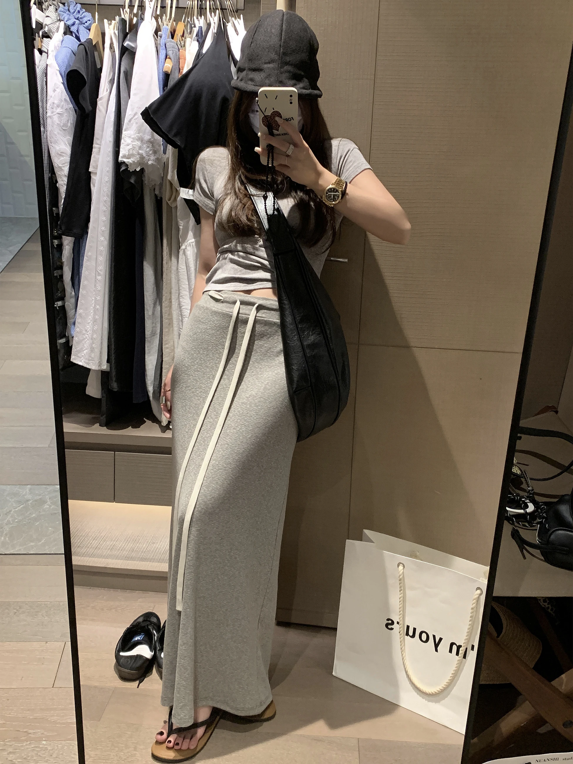 ay Dstring A-Linie Rock Damen Hohe Taille Lose Abnehmen Lazy Sle Drapey Einfacher f-langer Rock für den Frühherbst