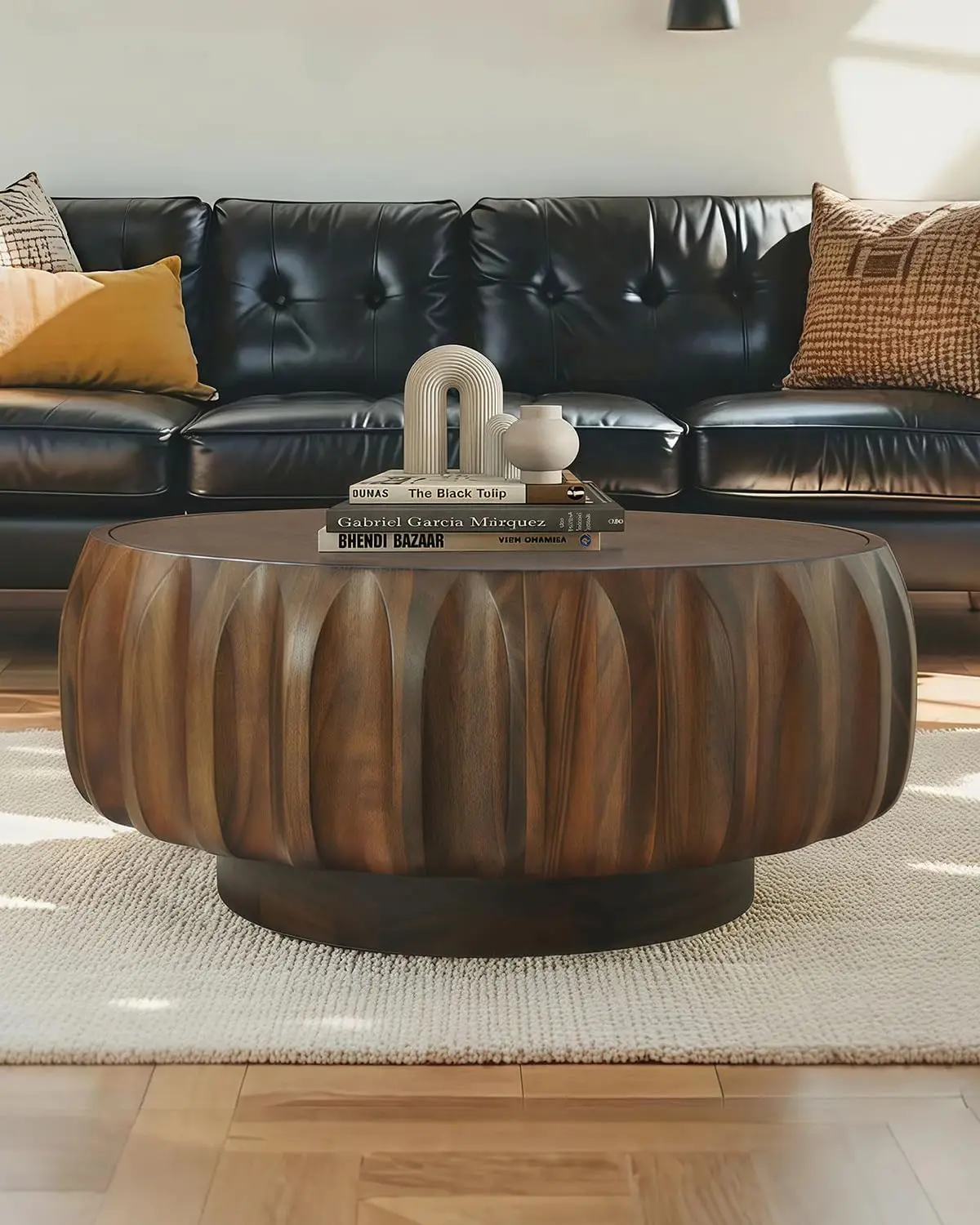 

31.5" Drum Coffee Table Modern Unique Fluted Tea Table Contemporary Wood Round Coffee Table with Fluted Centry