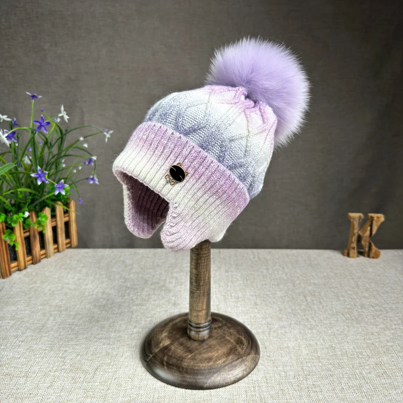 24 new gradient velvet real fox fur ball ear protection knitted hat for cycling, cold resistance, warmth and fashion