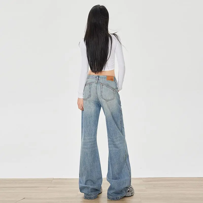 

Осенние винтажные шикарные джинсы на пуговицах, женские американские простые мешковатые джинсовые брюки с высокой талией, потертые широкие джинсовые брюки Y2K, джинсы