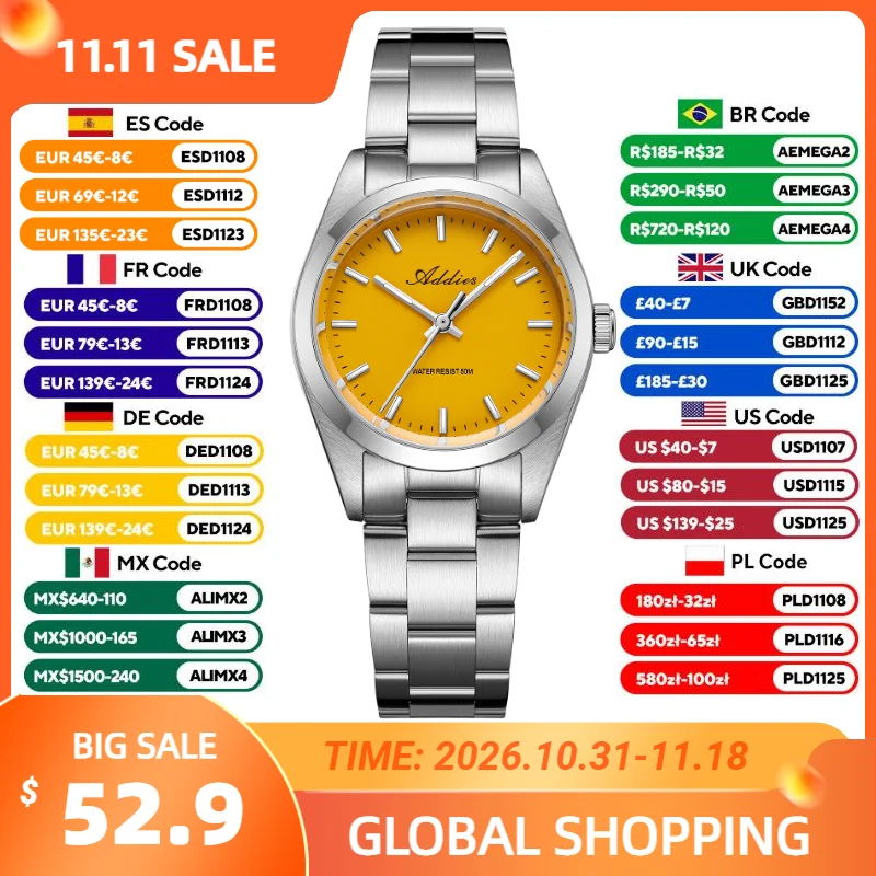 ADDIES 31mm Women Watches Japan 2035 Quatz Sapphire Crystal Steel Watch Business 50m Waterproof Luminous Ladies Wristwatch Gift