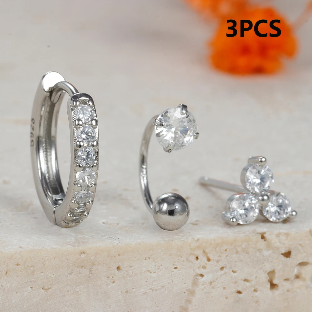 3PCS/Set Gold Color Stainless Stee Tragus Helix Stud Earrings for Women Cartilage Piercing Zircon Hoop Earring Piercing Jewelry
