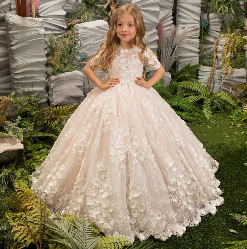 Vestido de baile de encaje de tul blanco, vestidos de niña de flores para boda, vestido de princesa de ilusión, vestido de fiesta de boda de primera comunión