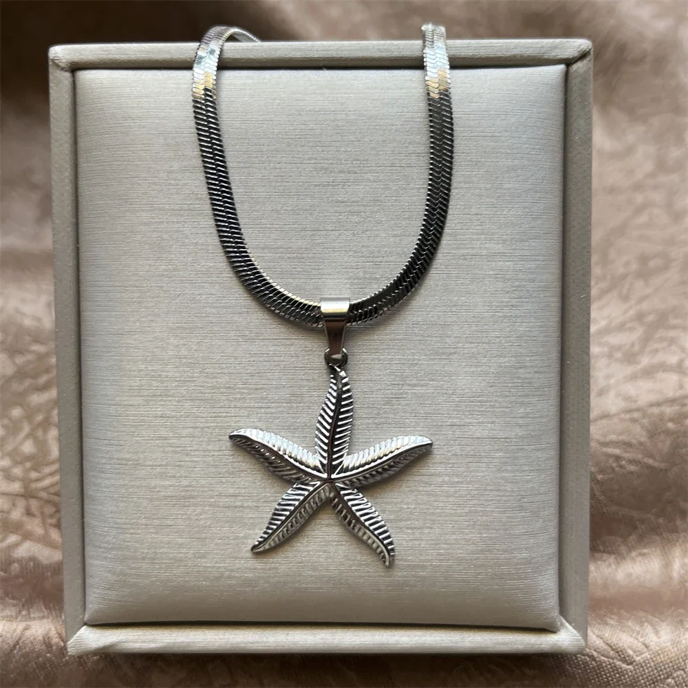 Stainless Steel Exaggerated Boho Metal Big Starfish Star Pendant Choker Necklace Women Summer Punk Snake Blade Chain Y2K Jewelry