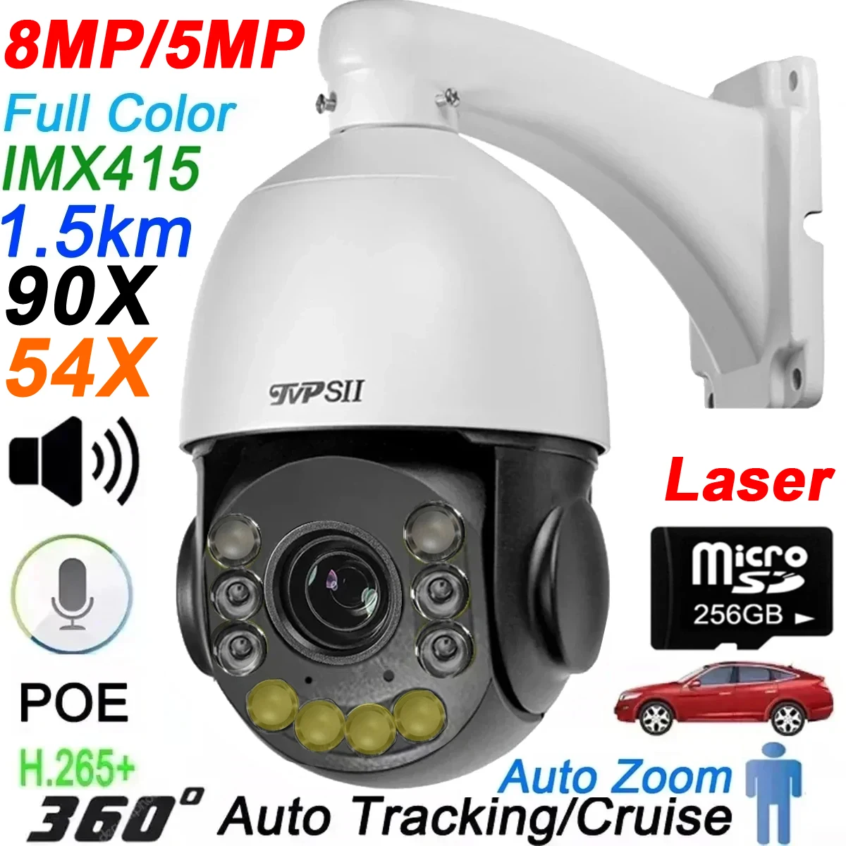 Full Color Auto Tracking 8MP 4K 54X 90X Optical Zoom 360° Rotation Audio ONVIF POE PTZ IP Surveillance Speed Doom CCTV Camera