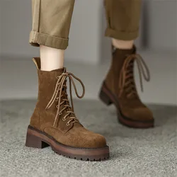 New Autumn Winter Cow Suede Women Boots Fashion Lace Platform Boots for Women Chunky Heel Short Boots Botines Mujer High Heels