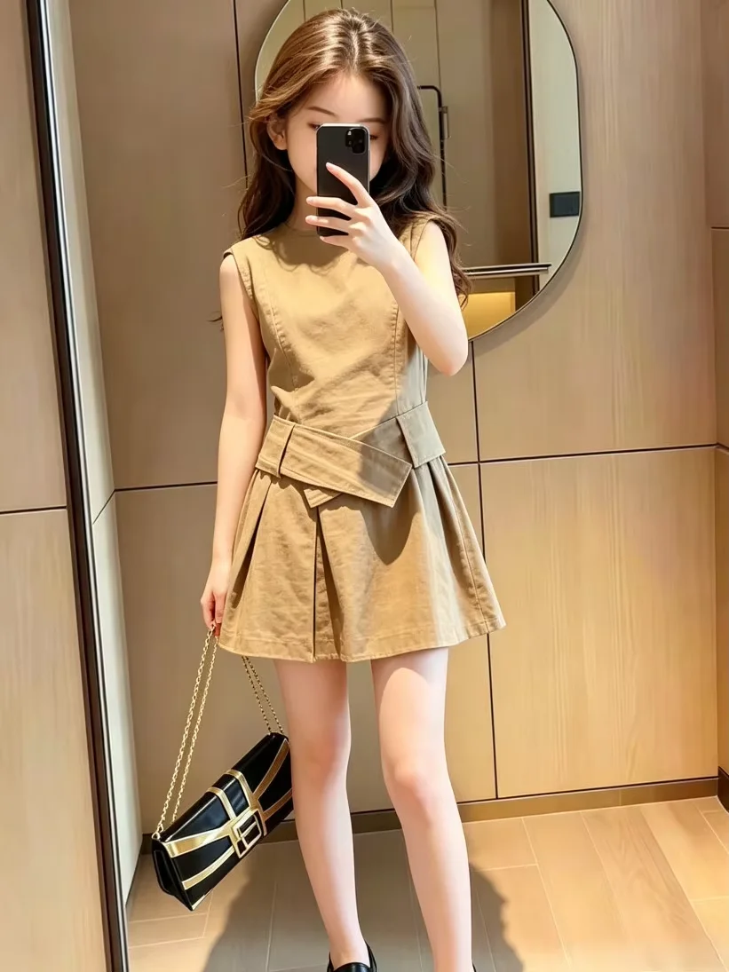 

Kids Girls Summer Fashionable Retro Design Vest Dress New Style Children's Clothing 5 7 9 11 13 15 Years