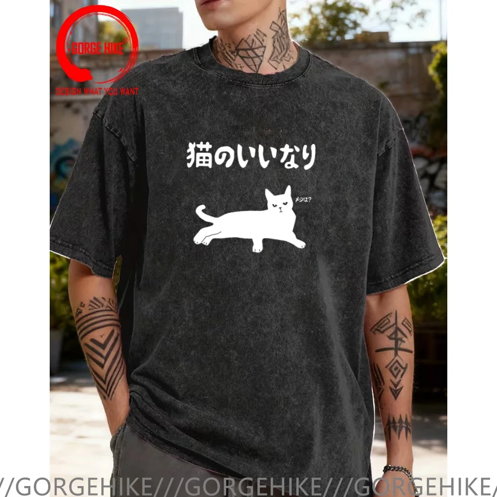 Vintage Washed Cotton T-Shirt Funny Designer Japanese Kanji Black Cat T Shirt Men Fashion Trendy Casual Clothing Stylish Tops