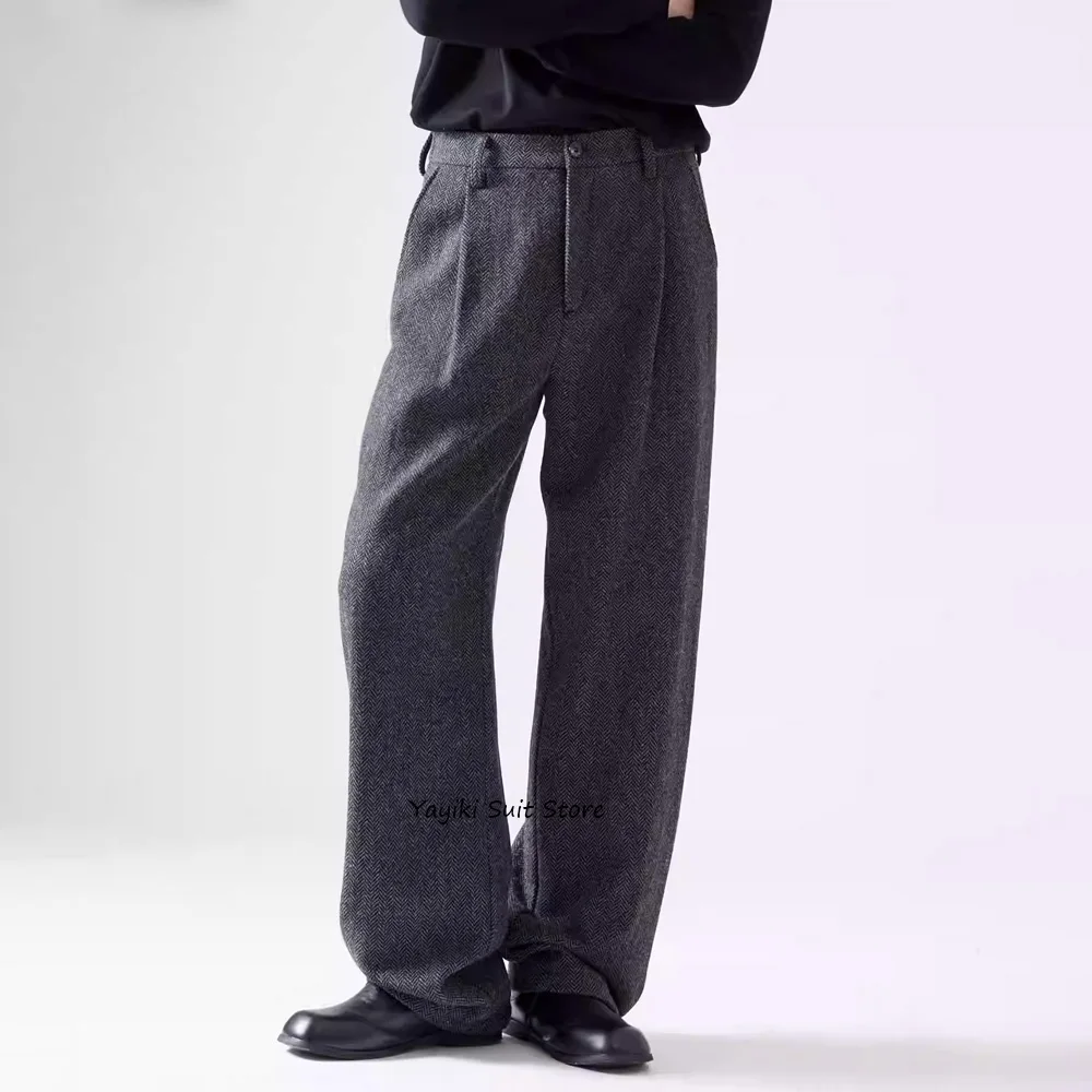 

Trouser for Man Trousers Herringbone Fabric Work Pants Men's Stylish Wide-leg Loose Fit Casual Tailoring Classic Clothing