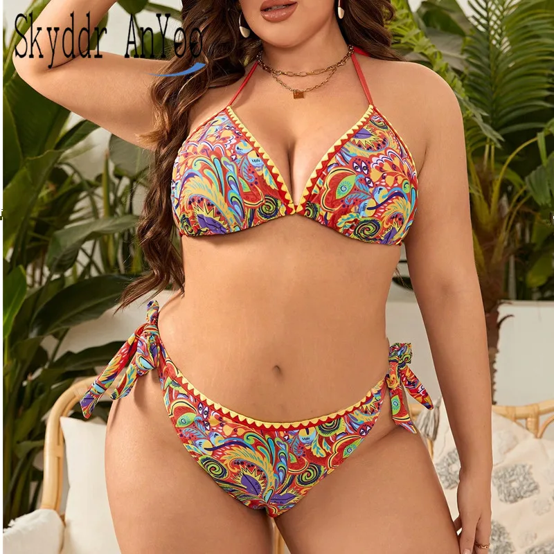 Plus Size damskie stroje kąpielowe 2024 nadruk w stylu Vintage dwuczęściowy strój kąpielowy zestaw Sexy bikini bandażowy kostium kąpielowy Boho pasujący zestaw plażowa