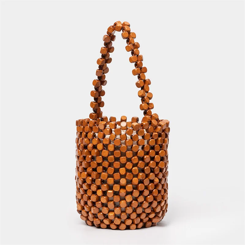 

Cute Square Beads Small Bucket Bag New Handmade Wooden Beading Woven Mini Bag Boho Holiday Leisure Travel Hollow Handbag