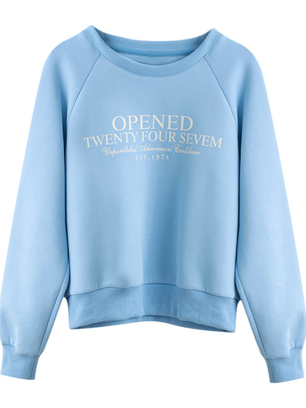 Chic Girl Crewneck Sweatshirt with Letter Print Korean Style Loose Pullover Soft Blue Casual Top for Teen Girls and Young Women