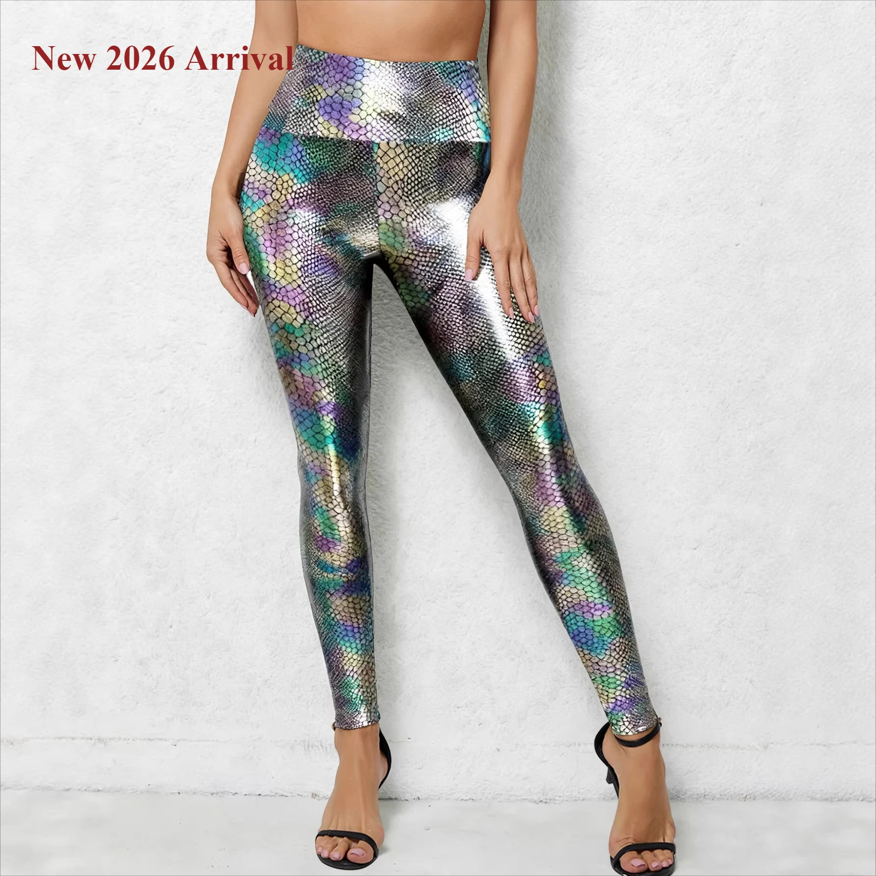 New 2026 women's Dazzling Snake Print Leather Gold-embossed Leggings Sexy Gym Sports Tights Pants For Women