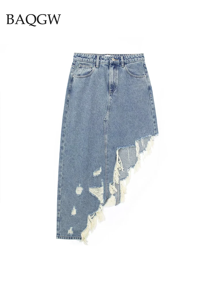 

Vintage Summer Asymmetrical Denim Skirt for Women 2023 New Solid High Wasit Distressed High Street Irregular Length Jeans Skirt