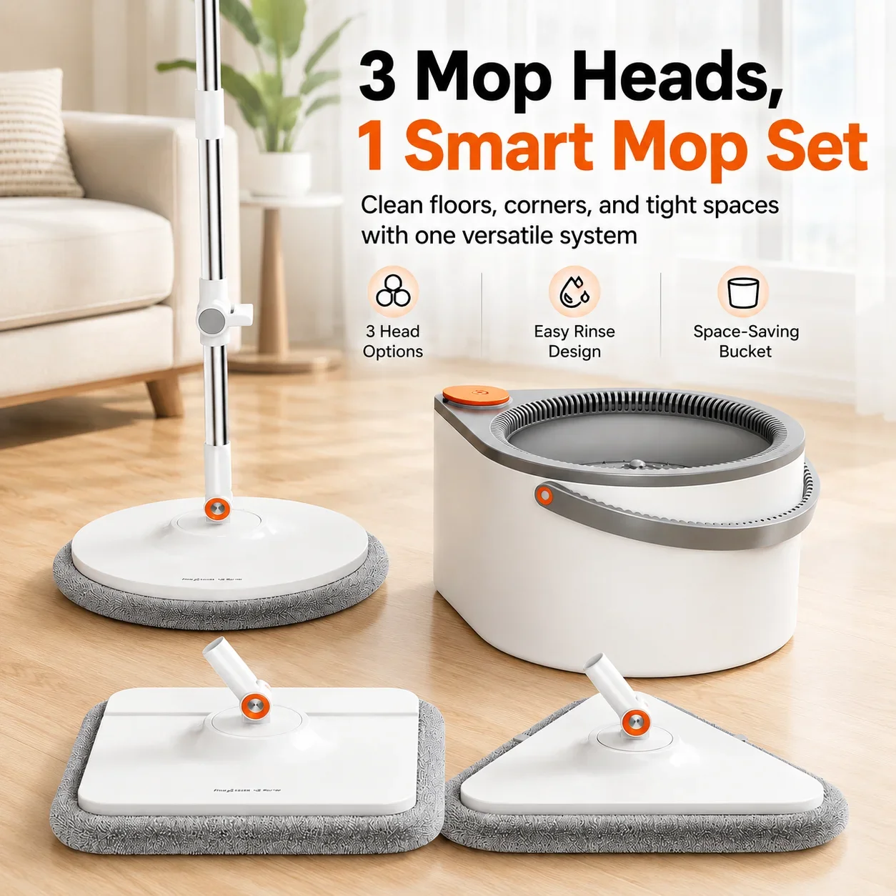 Joybos Dirty Water Separation Spin Mop and Bucket Set, Turbine Self-Cleaning Floor Mop with 3 Interchangeable Heads (Round/Square/Triangle), 90° Foldable Flat Mop for Baseboard & Corner, 6 Washable Pads