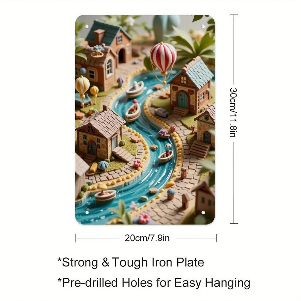 Vintage 2D Metal Wall Art, Rustproof Iron Village Scene with Colorful Houses & River Boat, Classic Design for Cafe Bar Garden