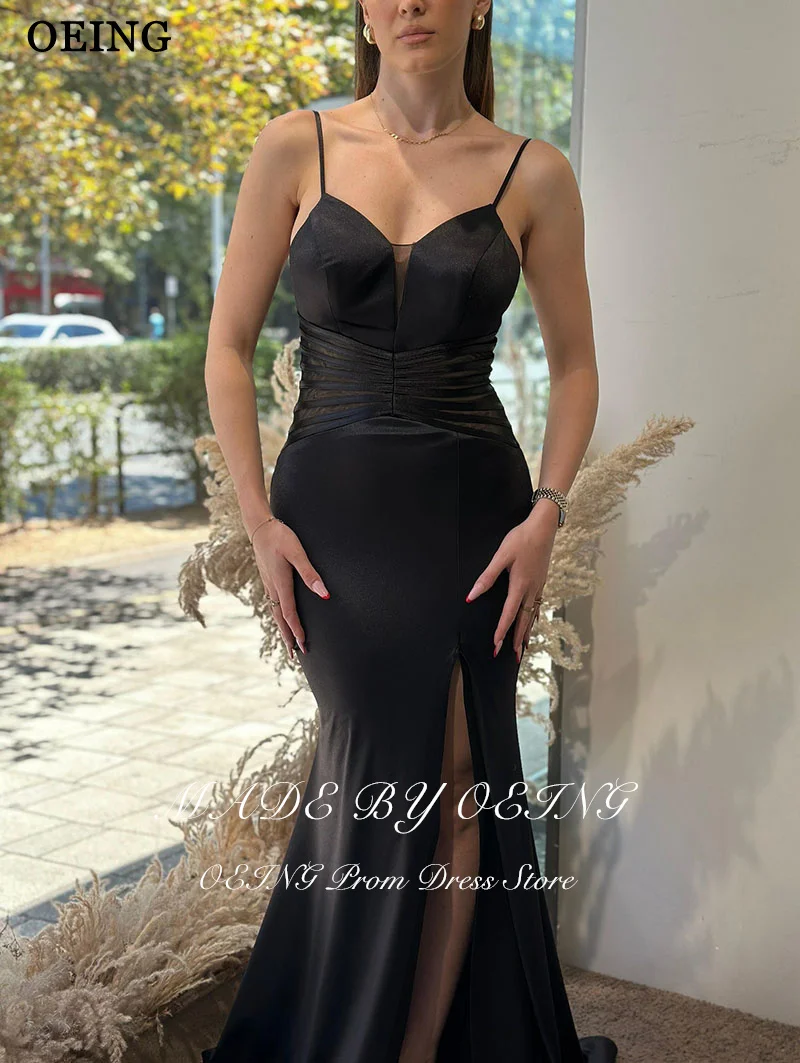 OEING Simples Sereia Vestidos de Baile Preto Lado Fenda Plissado Spaghetti Strap Até O Chão Vestido de Festa فسات evi onder intelliPersonalizado