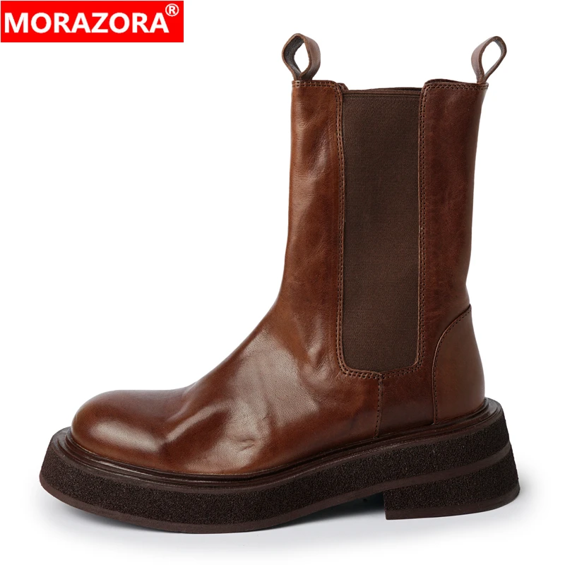 

MORAZORA Size 34-40 New Genuine Leather Boots Women Autumn Winter Chelsea Boots Retro Brown Black Ankle Boots For Women Shoes