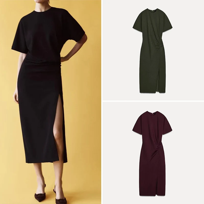 Spring New Sle Women's Dr round Ne Midi Skirt ort Sve Pleated Polyester Fiber 00% Z Brand Ladies' Dr