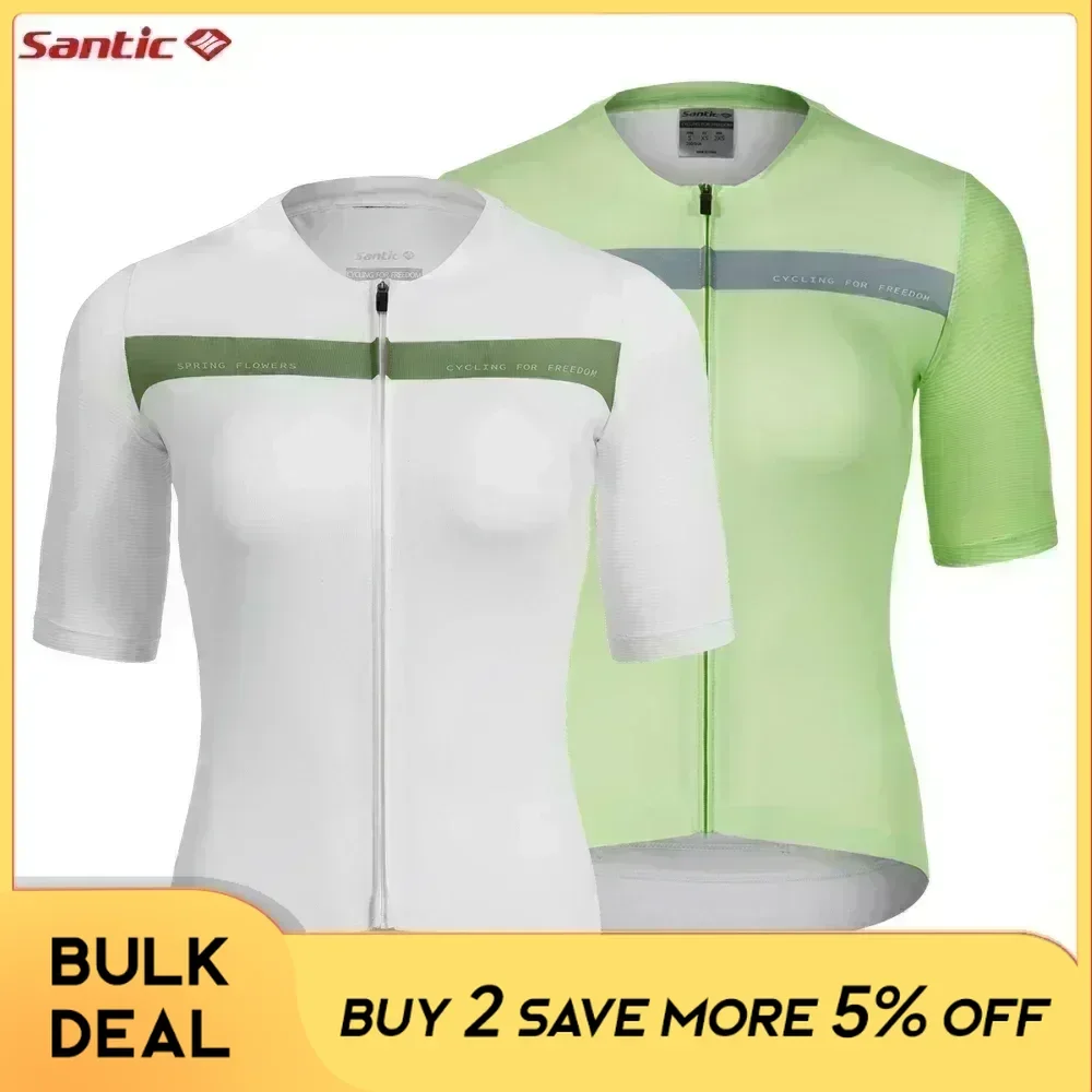 Santic Womens Cycling Jersey Outdoor Summer Quick Dry Breathable Bicycle Clothing Tops Reflective Short Sleeve MTB Road T-Shirts