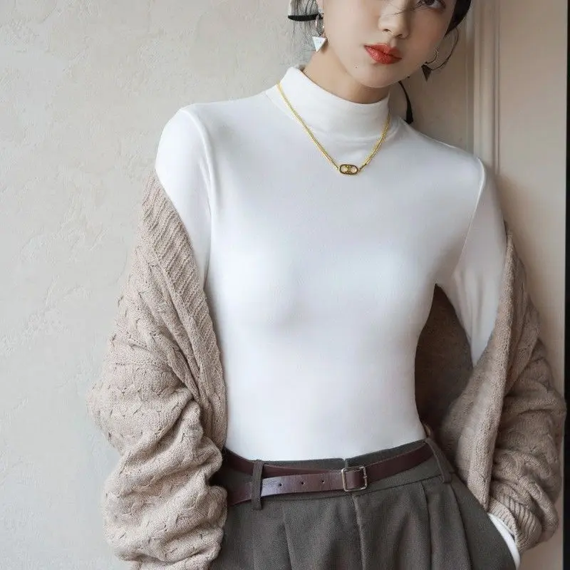 

Solid Color Half High Collar Women's 2024 Autumn Winter New Splicing Fashion Slim Minimalist Casual Versatile Long Sleeved Tops