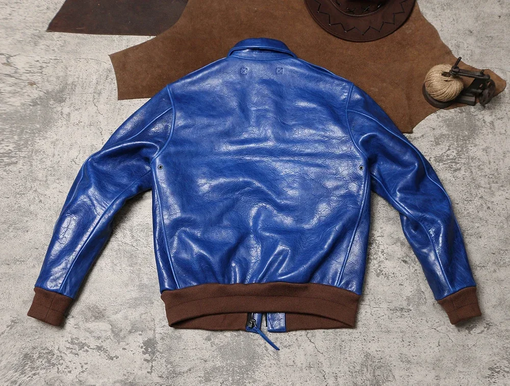 Blunt Razor Wax Feel Unpainted Indigo Dyed Cowhide Jacket Heavyweight Escape A2 Men's Retro Bomber Leather Jacket