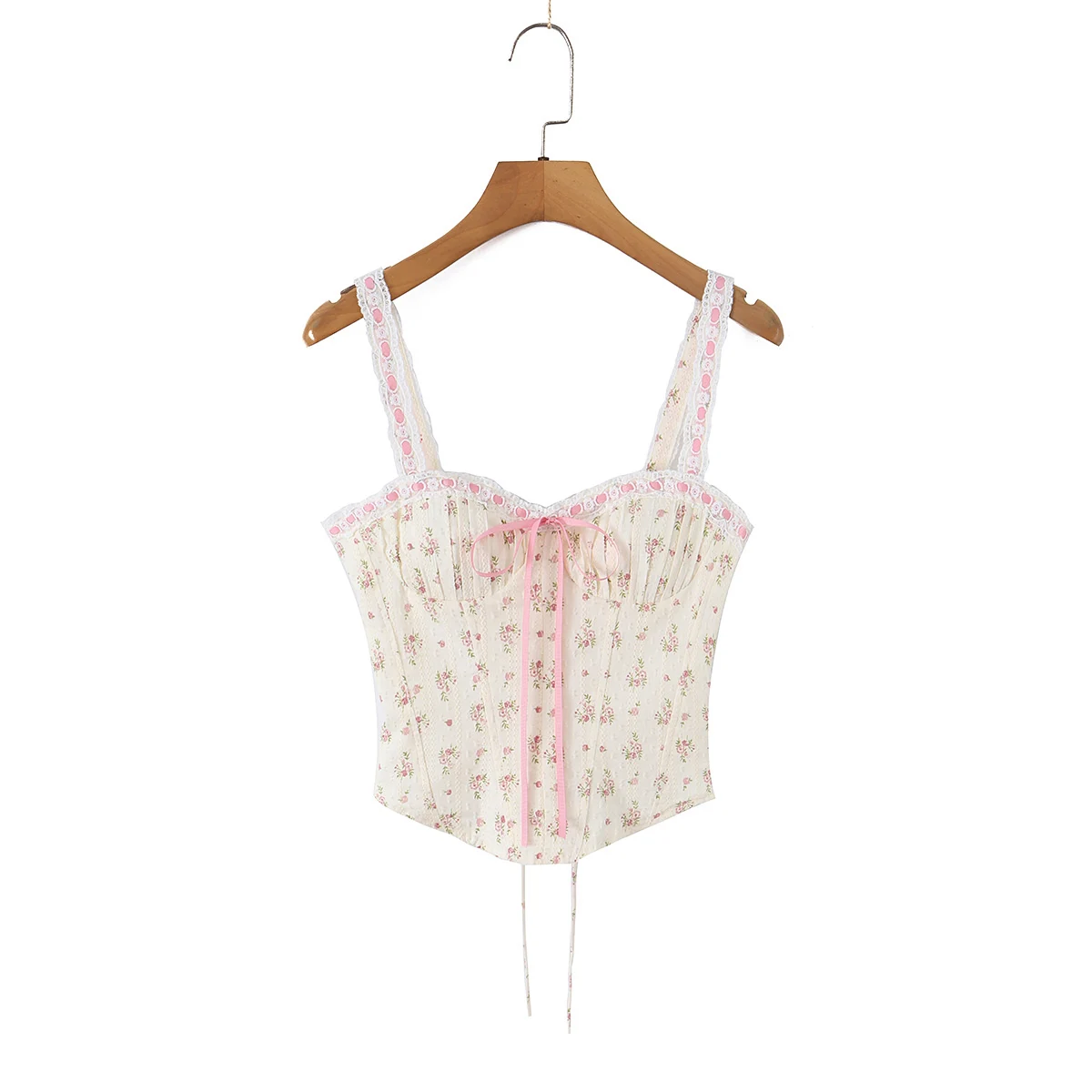 Women Summer Beige Spliced Lace Ribbon Bow V neck Strap Camisole Camis Elastic Cross Lacing Up Back Tank Tops Girl Slim Crop Top