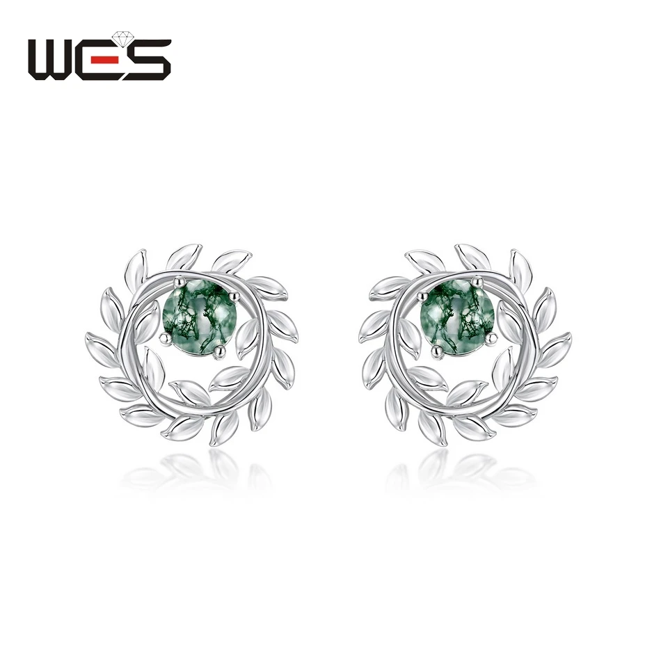 

WES 925 Sterling Silver Olive Branch Stud Earrings for Woman With Unique Natural Moss Agate Birthday Engagement Gift Wholesale