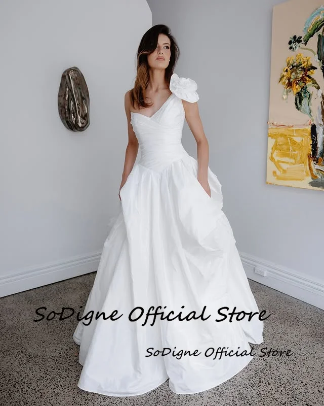 SoDigne A-line Taffeta Wedding Dress One Shoulder Sleeveless Bride Dresses Long Bridal Gowns vestidos de novia Customized   ﻿