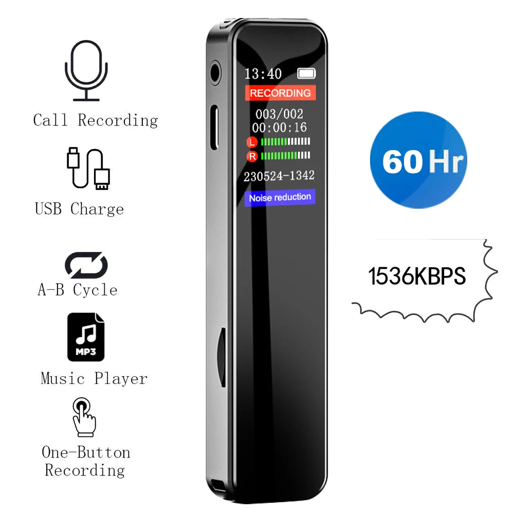 Digital Audio Voice Activated Recorder WAV 1536kbps Type-C Long Time Recording One Button to Record Dictaphone