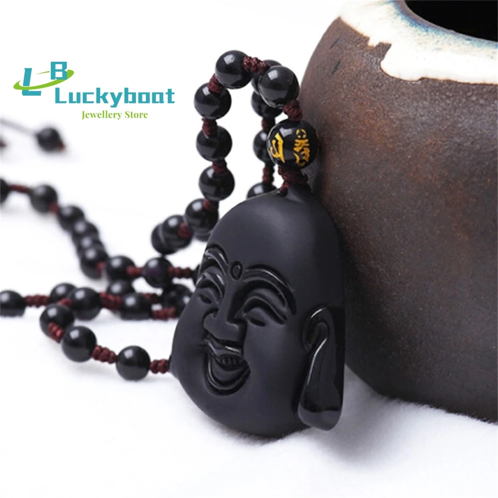 Obsidian Maitreya Buddha Pendant for Men and Women Smiling Face Frosted Buddha Head Necklace Jewelry Gift Amulet Charm China