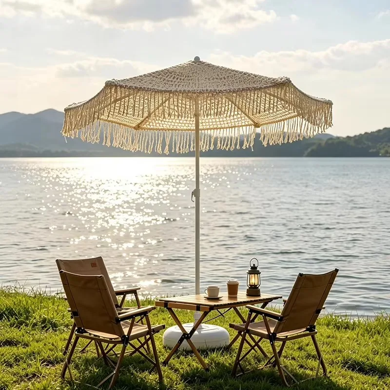 Handmade Boho Beach Umbrella With Tassel Mesh Canopy Garden Parasol Outdoor Sun Shade UPF50+ Patio Lawn Poolside Camping Decor