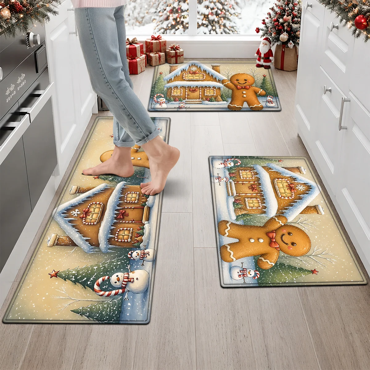 Christmas Kitchen Rugs Set Snowman Santa Xmas Print Non Slip Mat 1/2/3Pcs Options Washable Holiday Home Floor Decor
