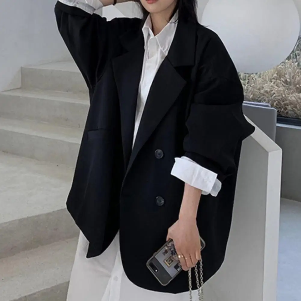 Notched Collar Business Blazer Suit Coat Korean Long Sleeves Pockets Double-breasted Oversized Women Blazer Jackets Suit Coat