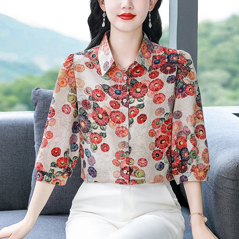 Chiffon Vintage Women's Shirt Summer Print Casual Women Blouses Loose Three Quarter Top Polo-neck Korean Version Clothing Sales