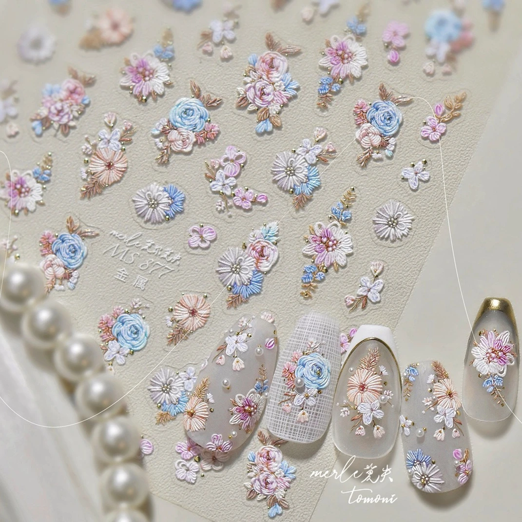 Classical Pink Blue White Embroidery Flower Bright-colored Blossom Geometry DIY Nail Art Stickers Chinese Style Manicure Decals