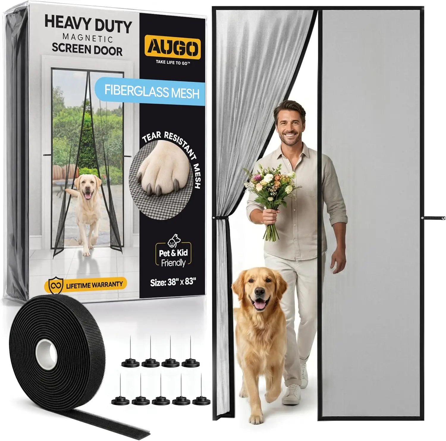 

Magnetic Fiberglass Screen Door -38 Inch x 83 Inch Self Sealing, Heavy Duty, Hands Free Mesh Partition Keeps Bugs Out - Door