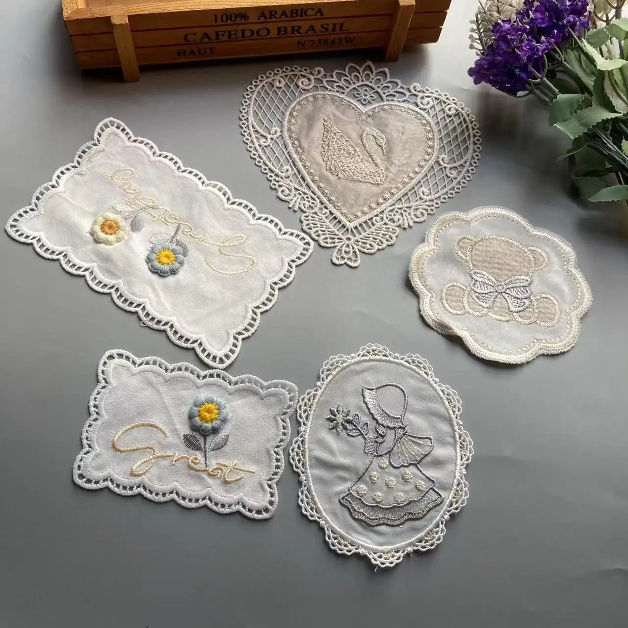 White Lace Embroidery Cloth Stick Love Heart Swan Dust Cover Towel Cotton Thread Placemat Stereo Sofa Cushion Cartoon Lace