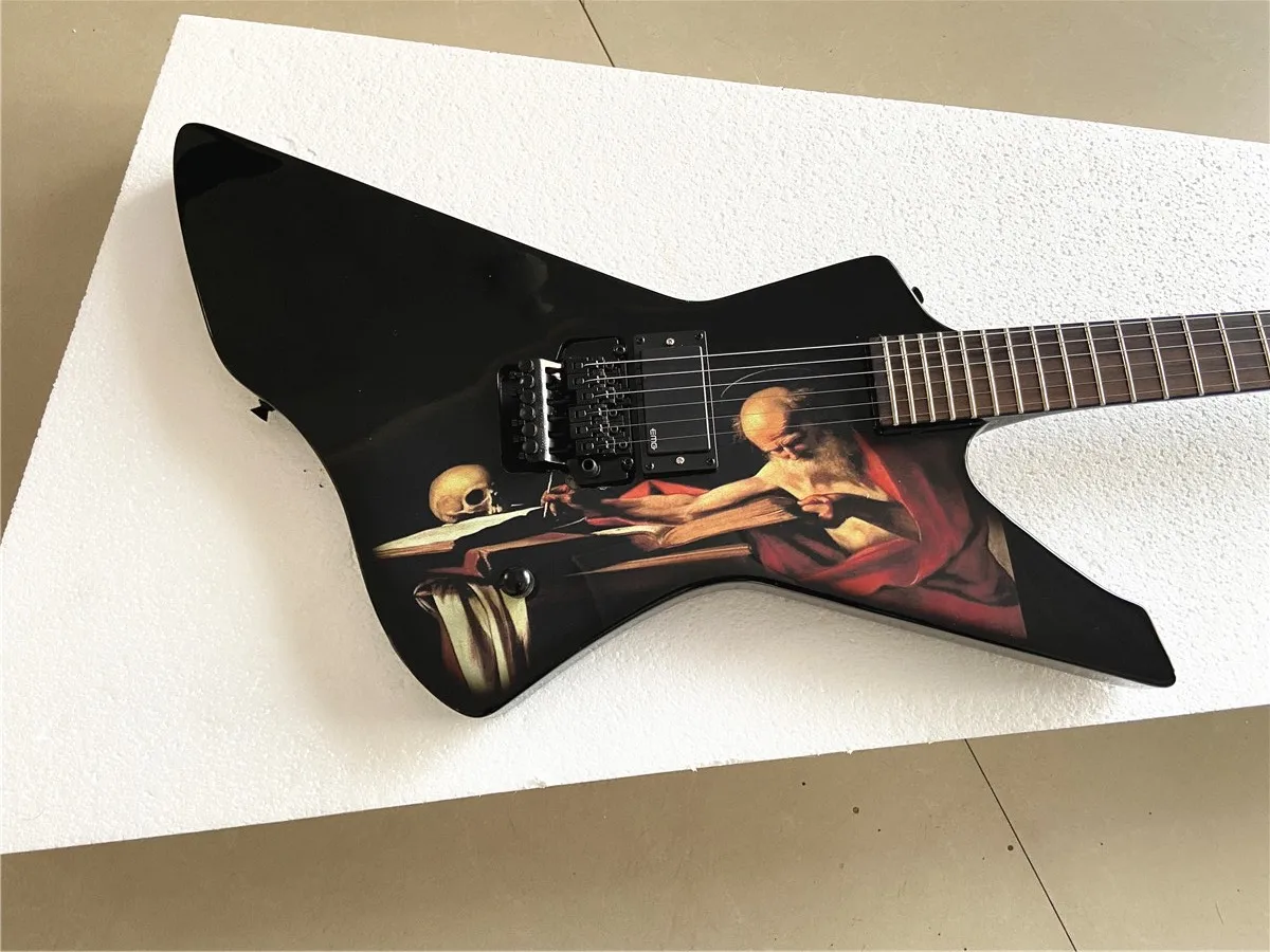 Custom saint jerome writting caravaggio Special Black light Double shake electric Guitar Mahogany body Free shipping