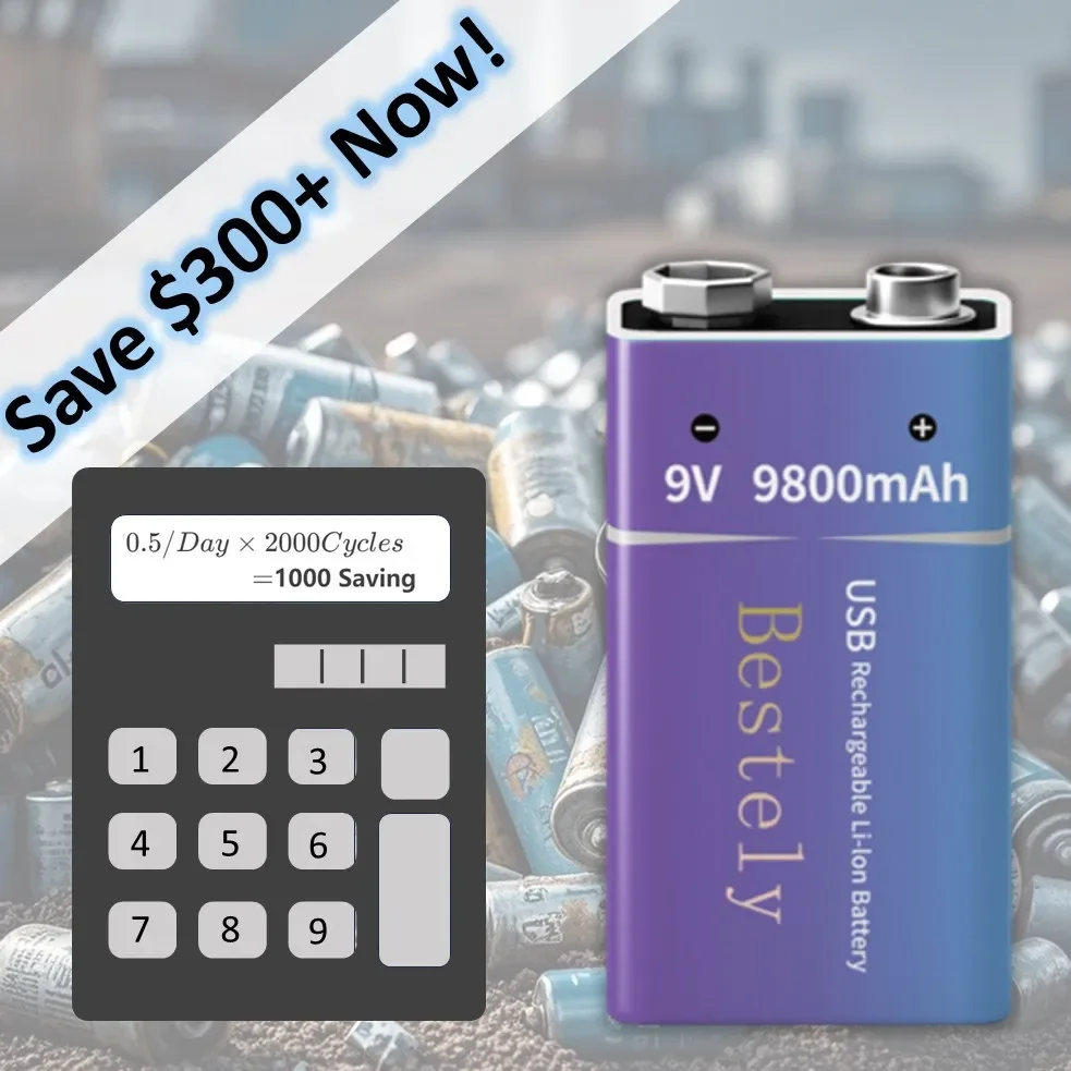 Rechargeable 9V Battery, 9800mAh Large Capacity 9 Volt Li-Ion Batteries Charge with Type-C Cable, for Smoke Detector,Fire Alarm gallery 3