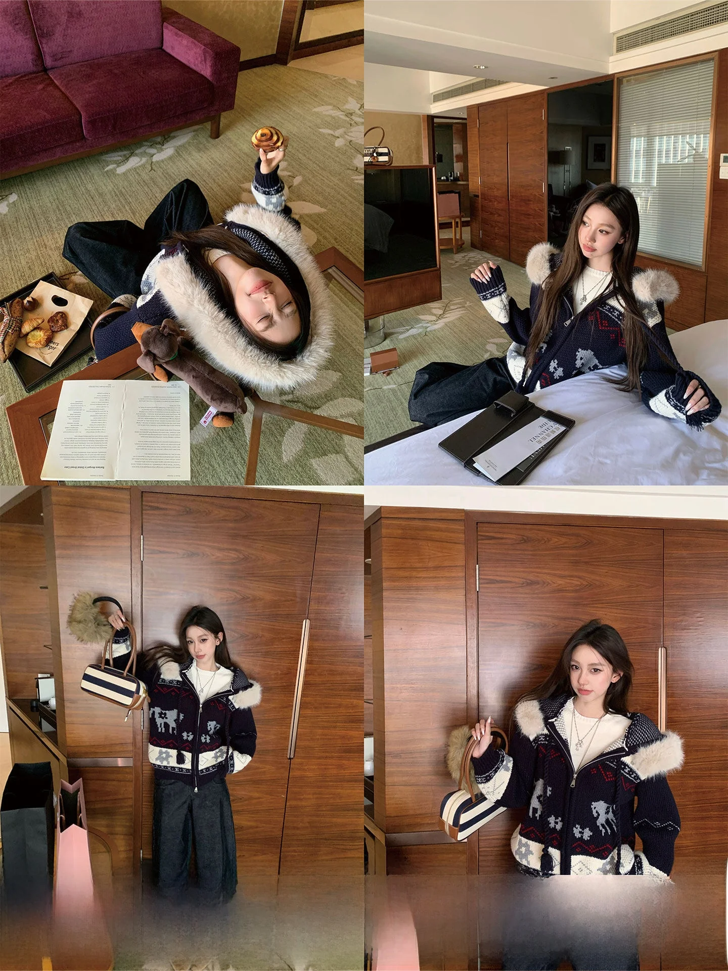 

Loose Knitted Island Flower Patterned Hooded Cardigan Sweater Outerwear Korean Style Casual Loose Fit Women's Knitwear