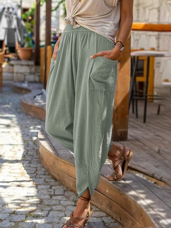 Summer New Leisure Wide Legs Cotton Hemp Loose Small Foot Pants Beach Pants Women