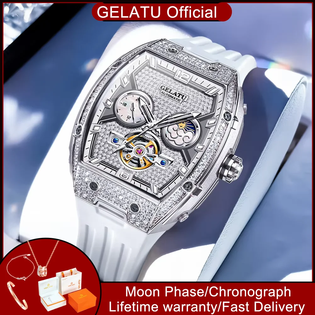 GELATU 6016 Fully Diamond Women's Automatic Watches Fashion Hollowed Moon Phase Chronograph Luxury Ladies Mechanical Wristwatch