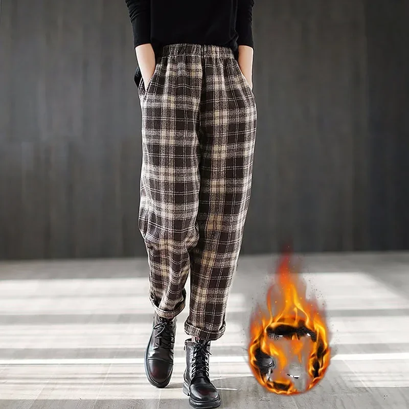 Velvet Thickened Plaid Pants 2024 Autumn and Winter New High Waist Slimming Loose Casual Pants Versatile Harlan Pants Z809