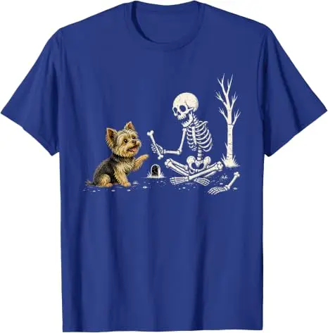 Lustiges Yorkie-Skelett und Halloween-Kostüm-Totenkopf-T-Shirt Y2K Niedlicher Welpe Hund Papa Mama Grafik-Bekleidung Halloween Haustierliebhaber-T-Shirts – Detail 16