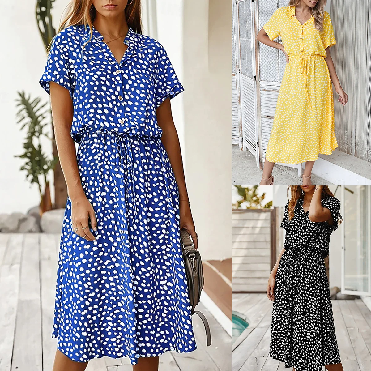 Women's Summer Polka Dot Print Long Dress Casual Boho V-Neck Short Sleeve Beach Sundress Drawstring Vacation Maxi Shirt Dresses
