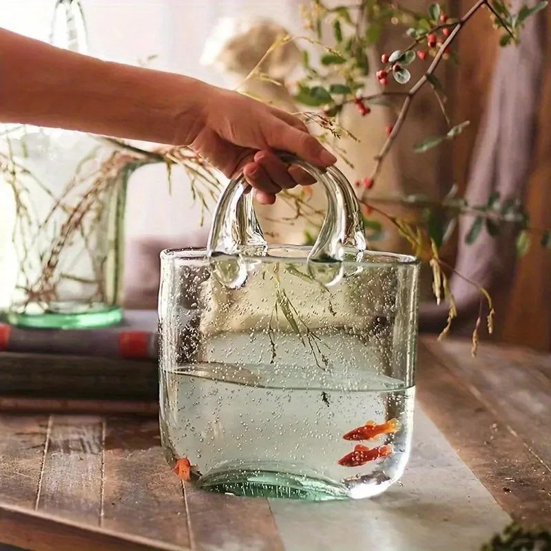 Clear Glass Vase Fish Tote Bag Flower Handbag Bag Vase Desktop Centerpiece for School Office Bedroom Holiday Decoration