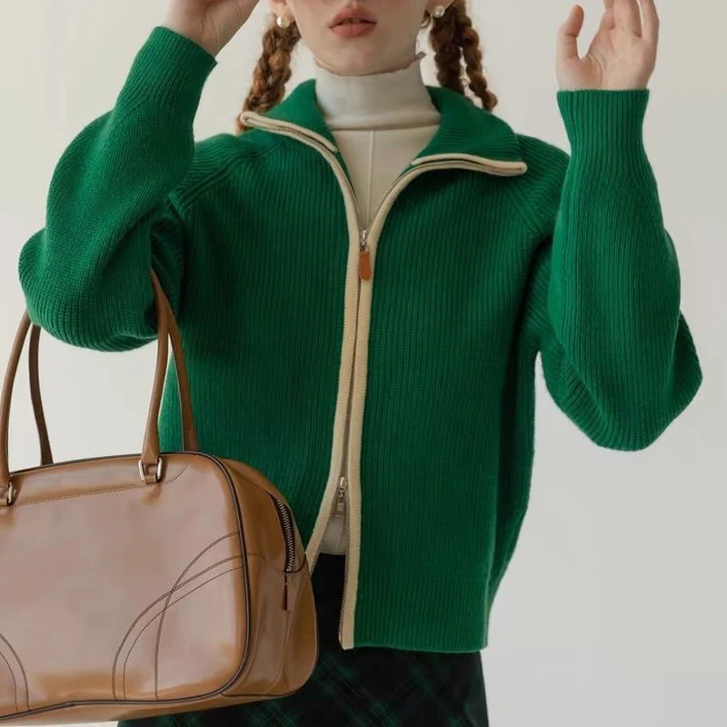 Autumn Winter Women Vintage Fashion Polo Collar Zipper Knitted Cardigan Y2K Sweet Chic Casual Long Sleeve Ribbed Sweater Coat